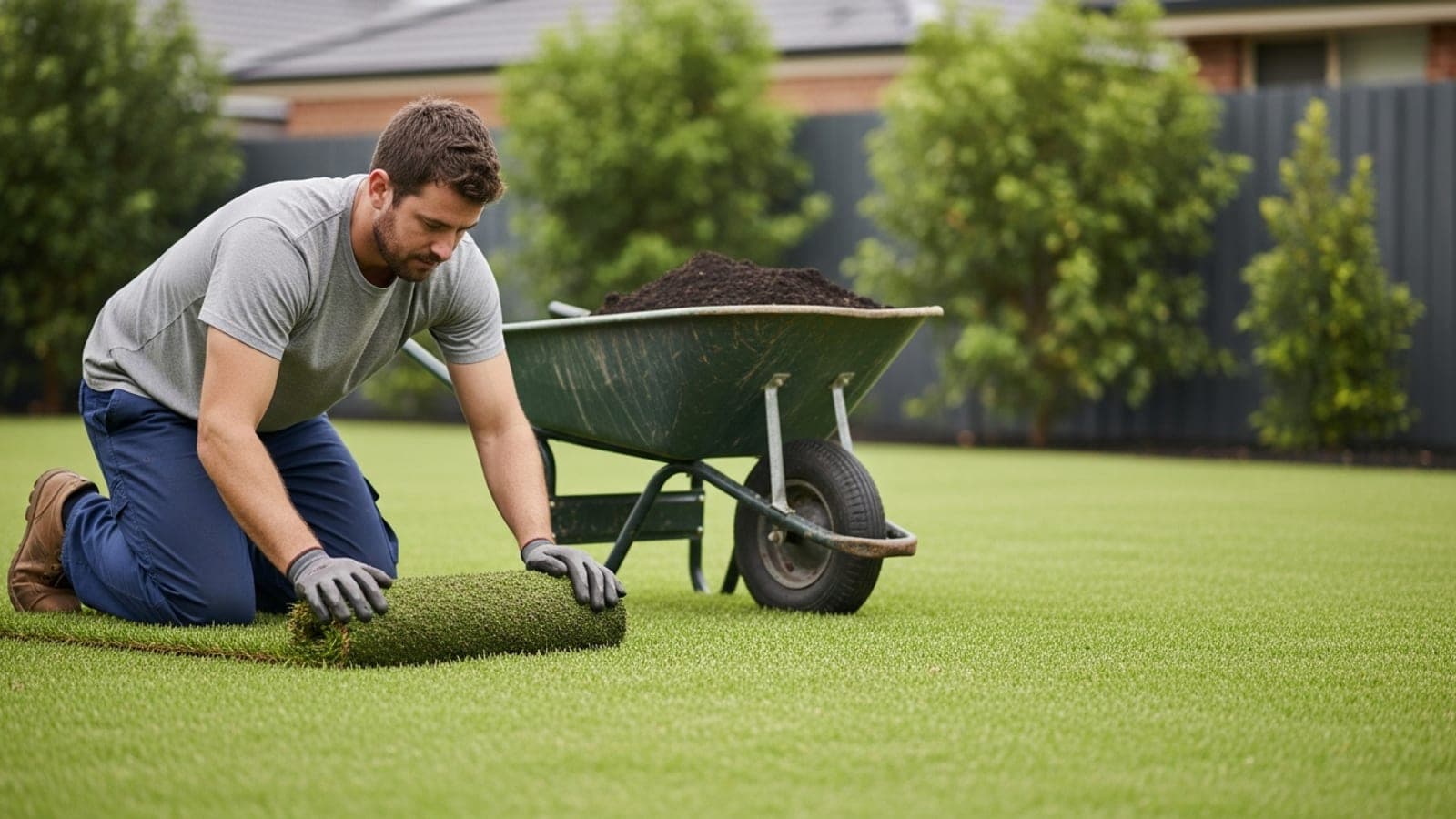 A New Zealand landscaper laying fresh turf in a newly designed backyard on a sunny day.