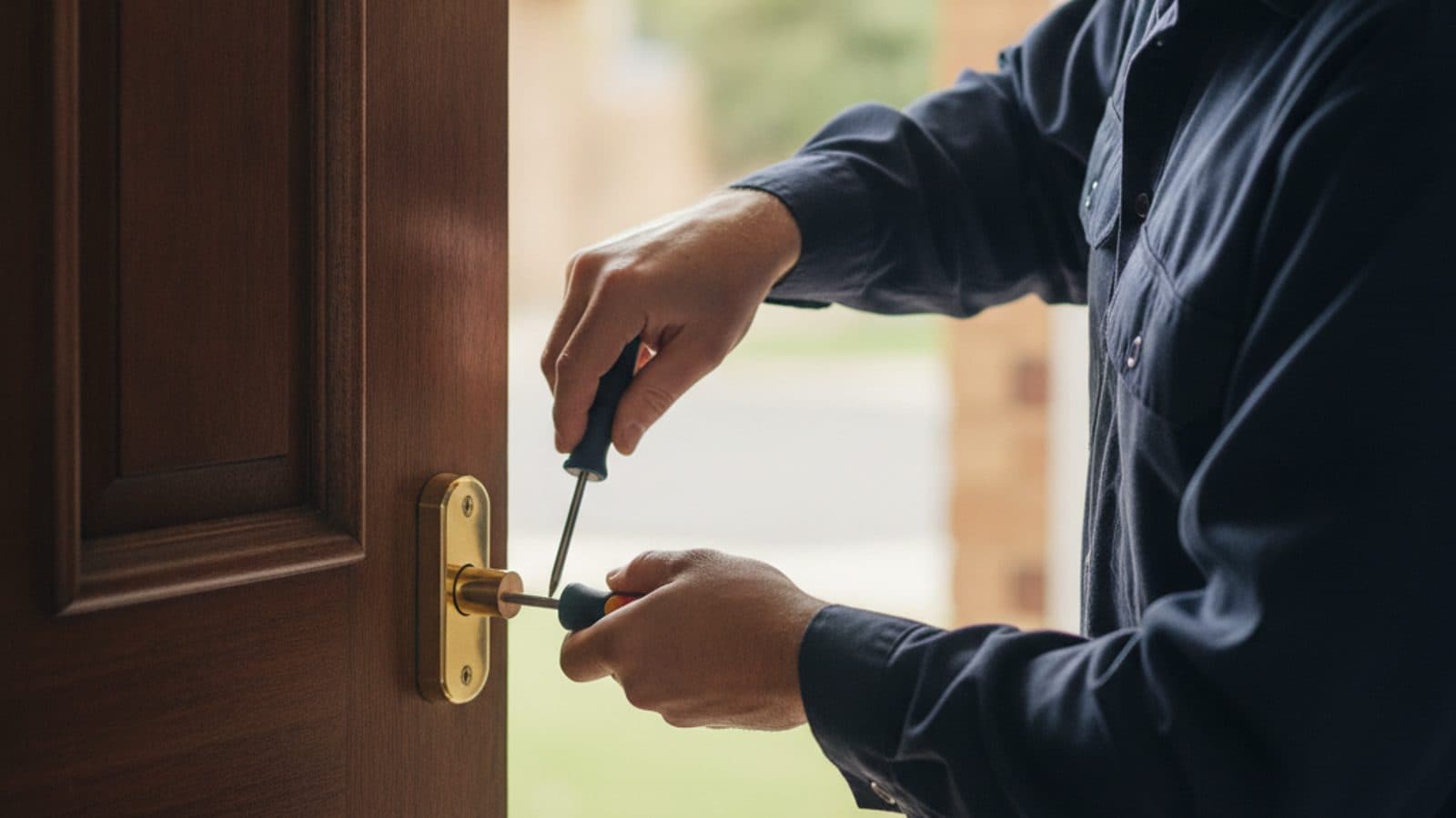 A New Zealand locksmith fitting a new deadlock to a residential front door.