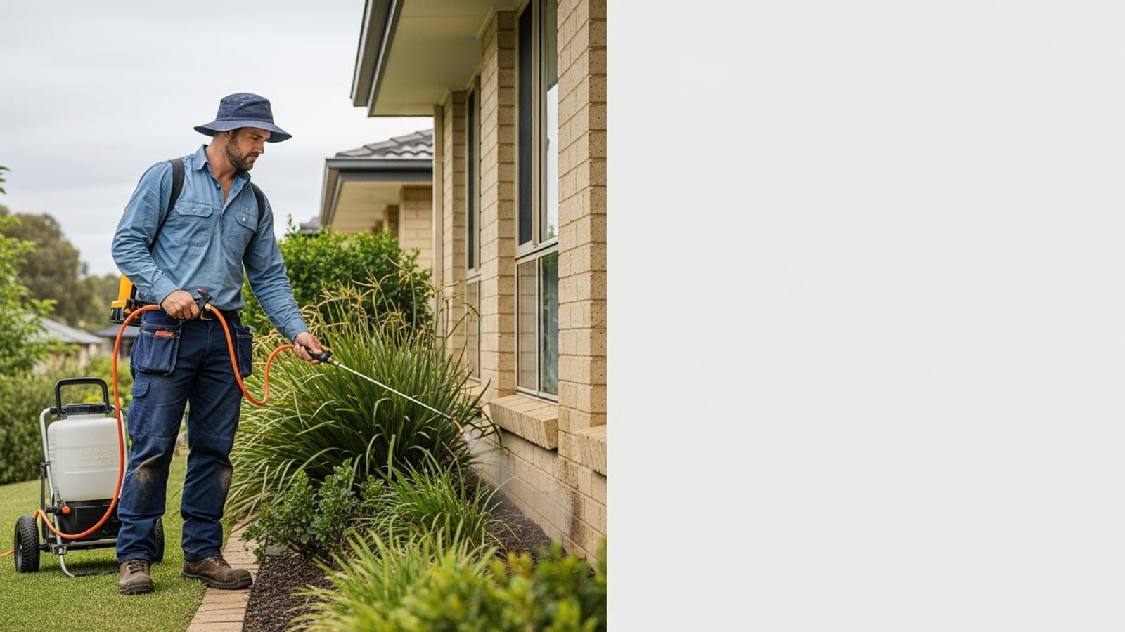 A New Zealand pest controller treating the exterior of a suburban home with professional equipment.