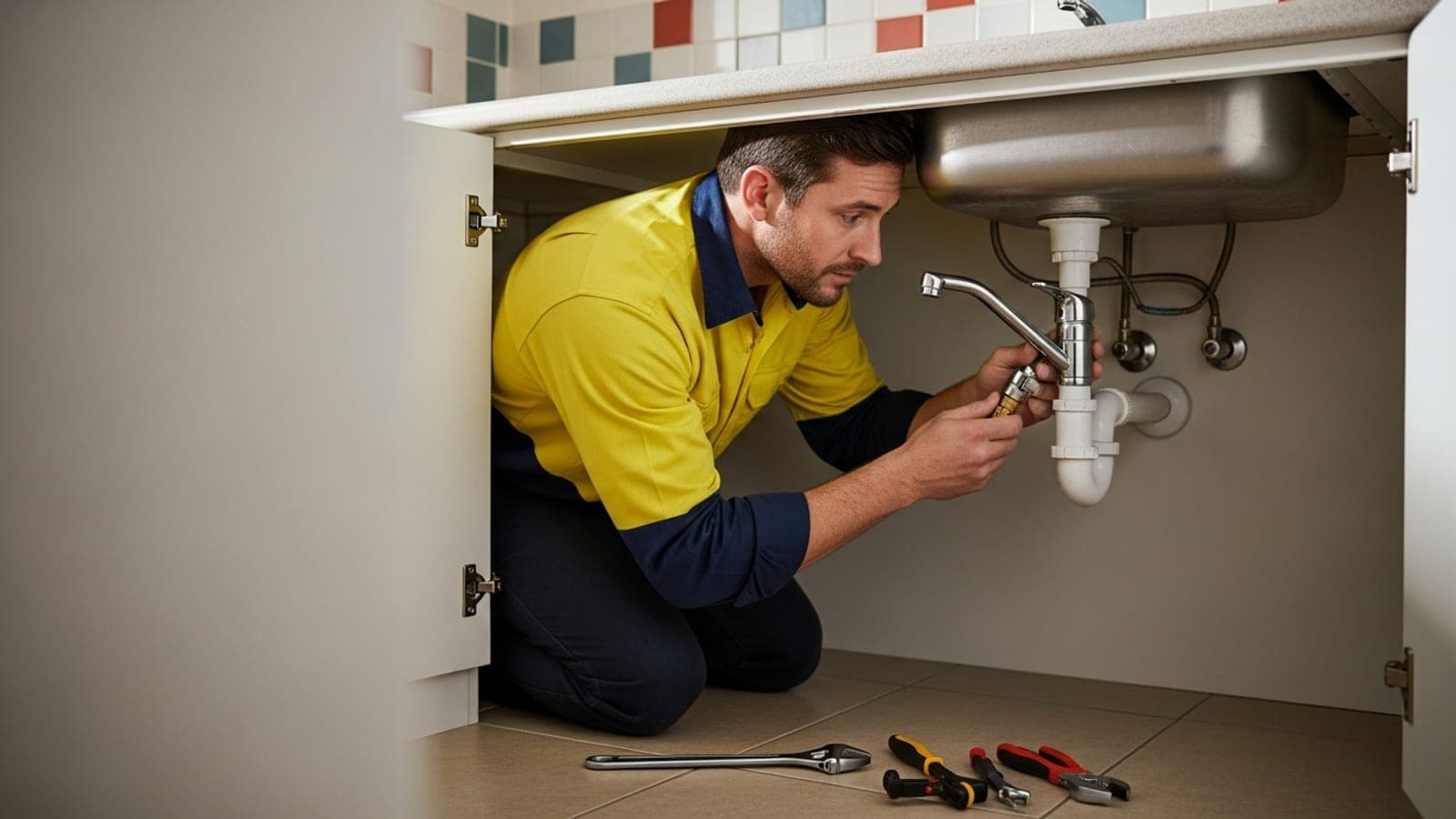 A New Zealand plumber in hi-vis working on the tap and pipes under a kitchen sink.