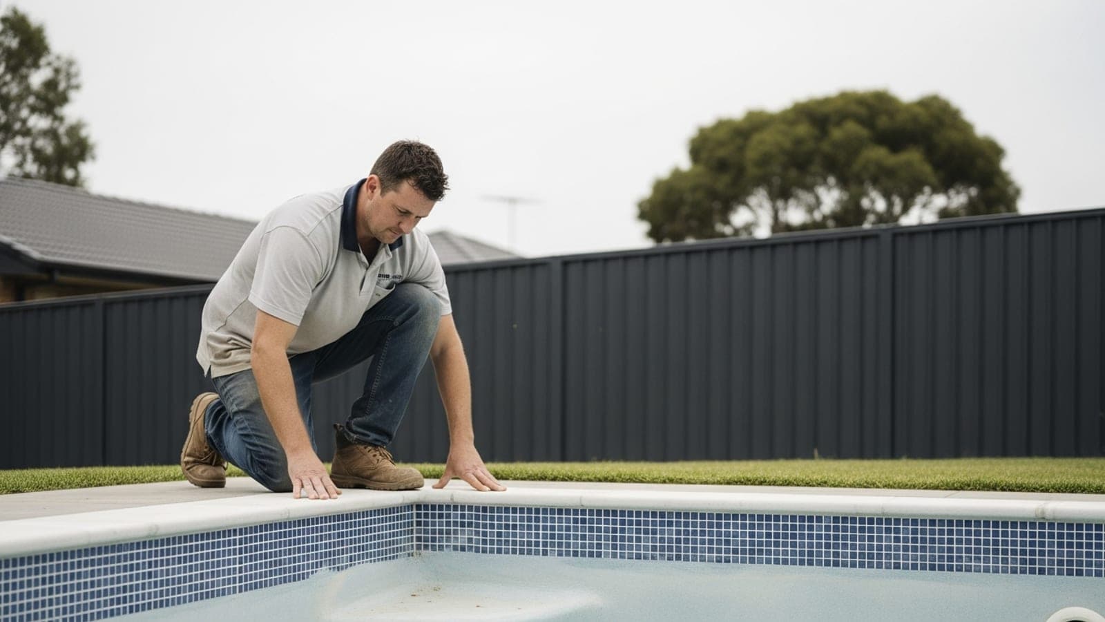 A New Zealand pool builder checking the tiled edge of a newly built backyard swimming pool on a sunny day.