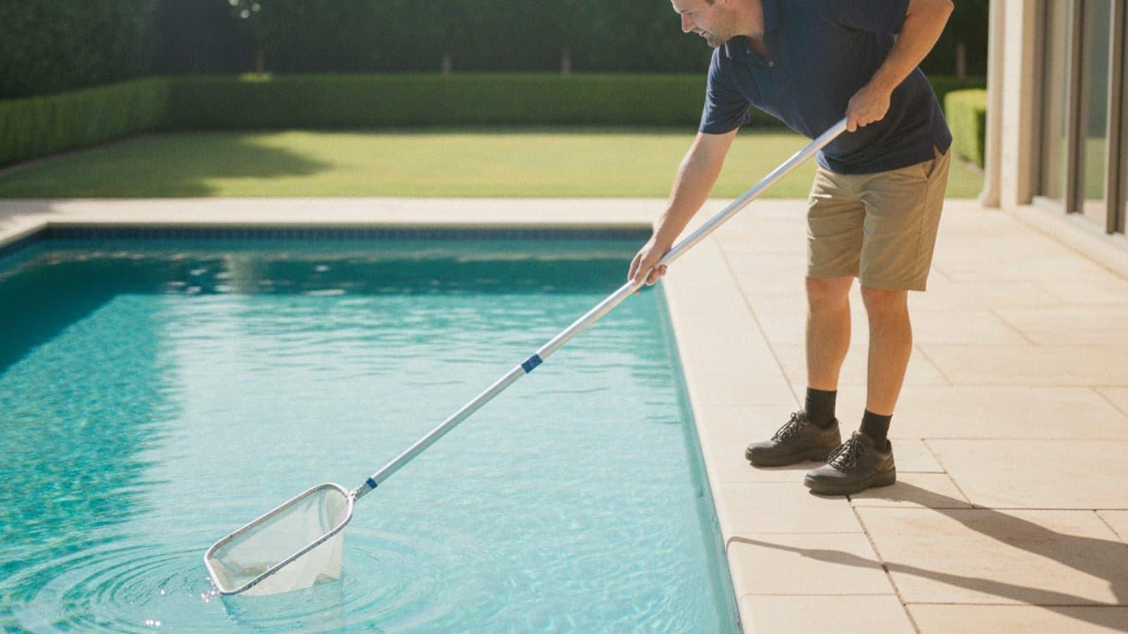 A New Zealand pool technician skimming a sparkling backyard swimming pool on a sunny day.
