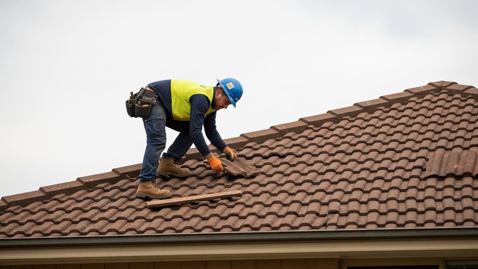 A New Zealand roofer on a pitched tile roof replacing cracked tiles on a clear day.