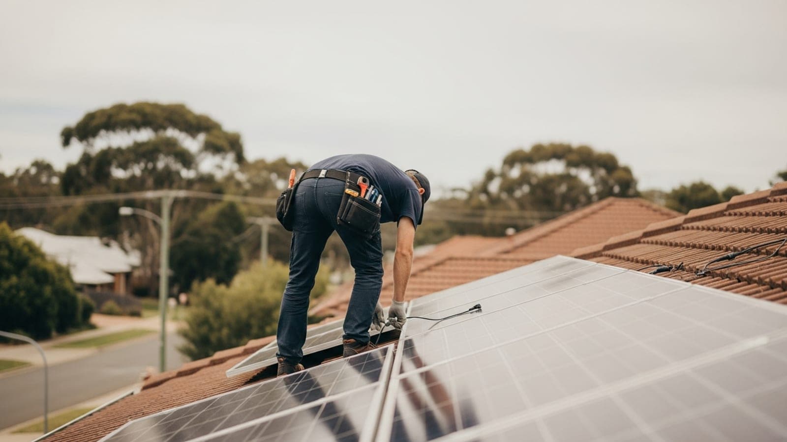 A New Zealand solar installer securing rooftop solar panels on a residential roof on a clear day.