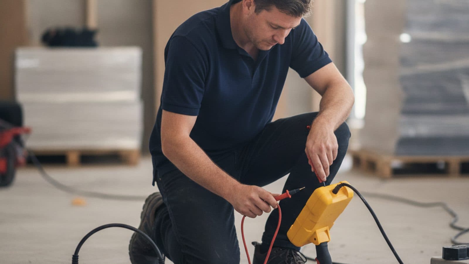 A New Zealand test and tag technician testing a power tool with a portable appliance tester on a worksite.