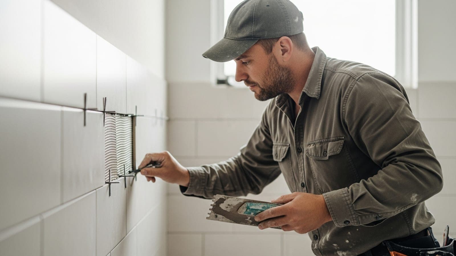 A New Zealand tiler laying bathroom wall tiles with spacers on a suburban renovation job.