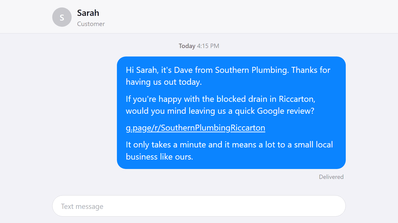 SMS review request on a phone after a tradie job, the core of a repeatable Google review system.
