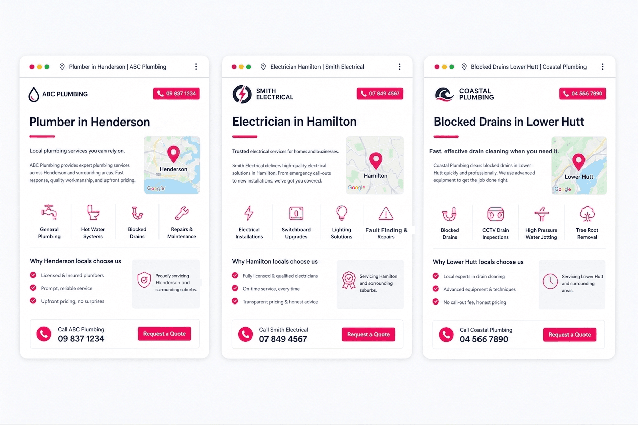 Three suburb landing page mockups for Henderson, Hamilton, and Lower Hutt, the page type tradies use to rank for local searches.