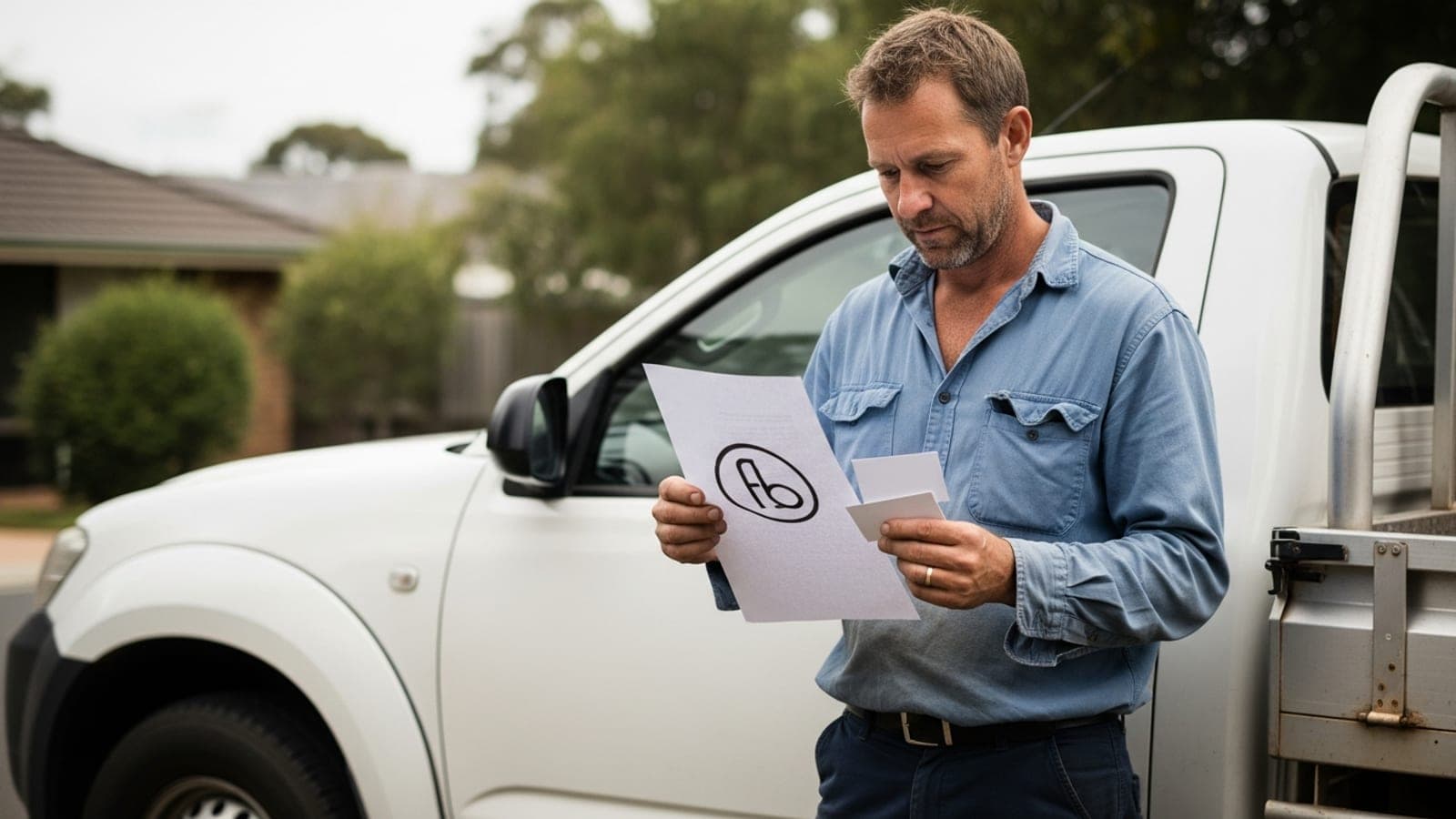A New Zealand tradesman standing beside a plain white ute holding a printed logo mockup and business cards in a suburban driveway.