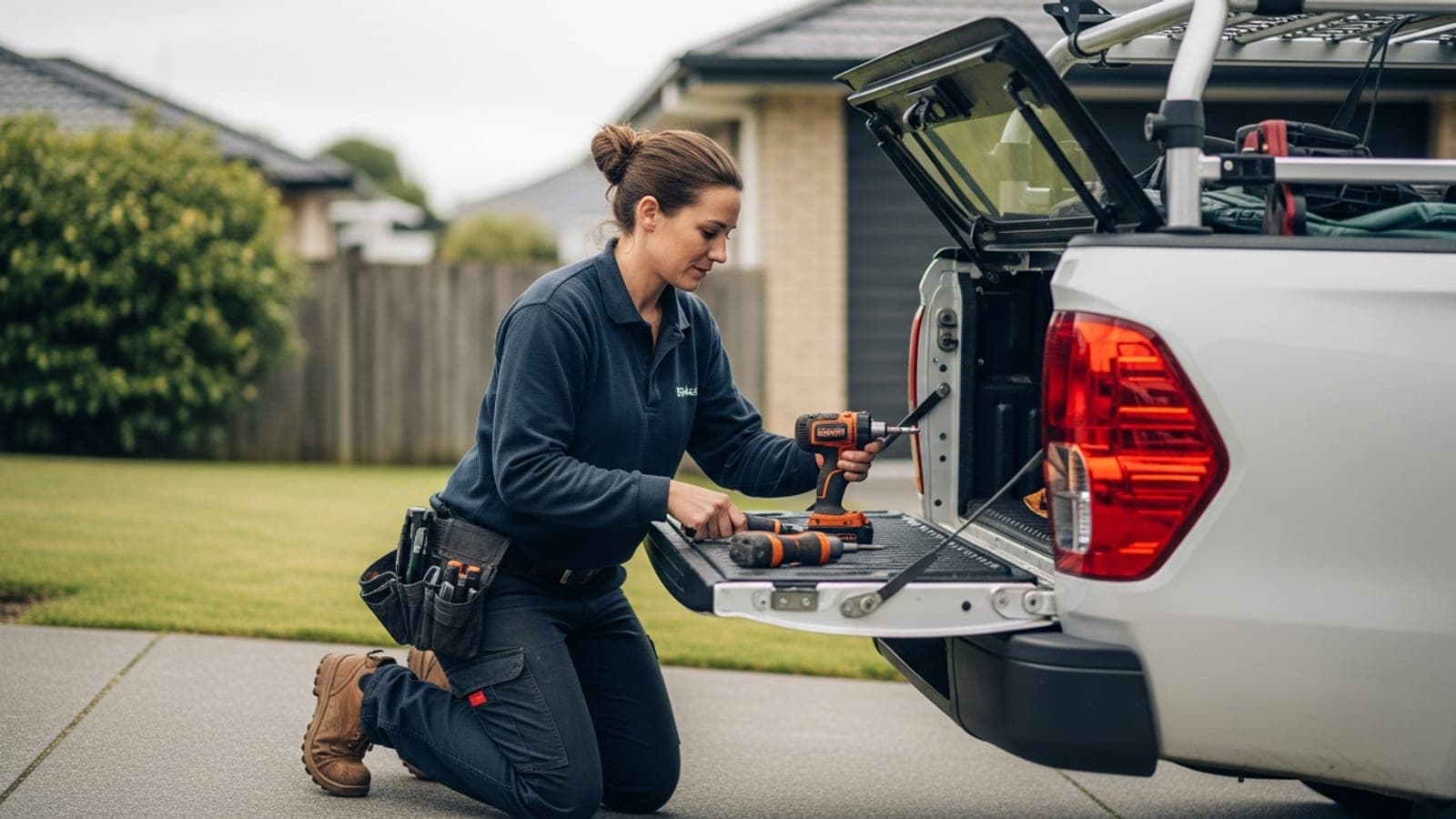 A female tradesperson in workwear kneeling at the open tray of her ute on a suburban New Zealand driveway, checking and organising her power tools in the morning light.