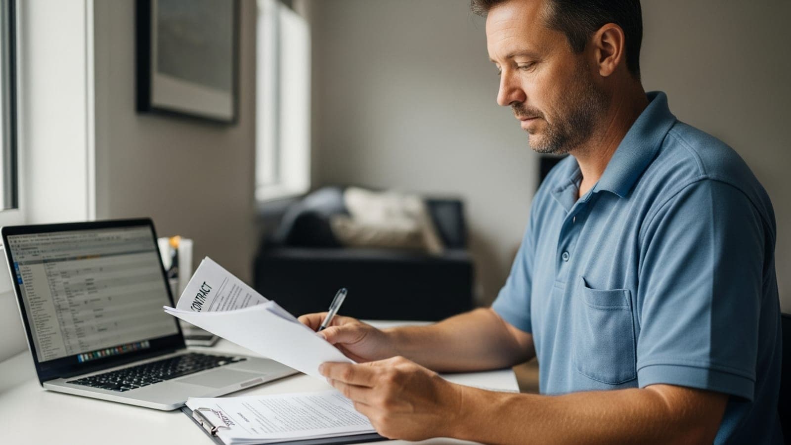 A New Zealand tradesman at a desk reviewing a building contract and paperwork, with a laptop open beside him.