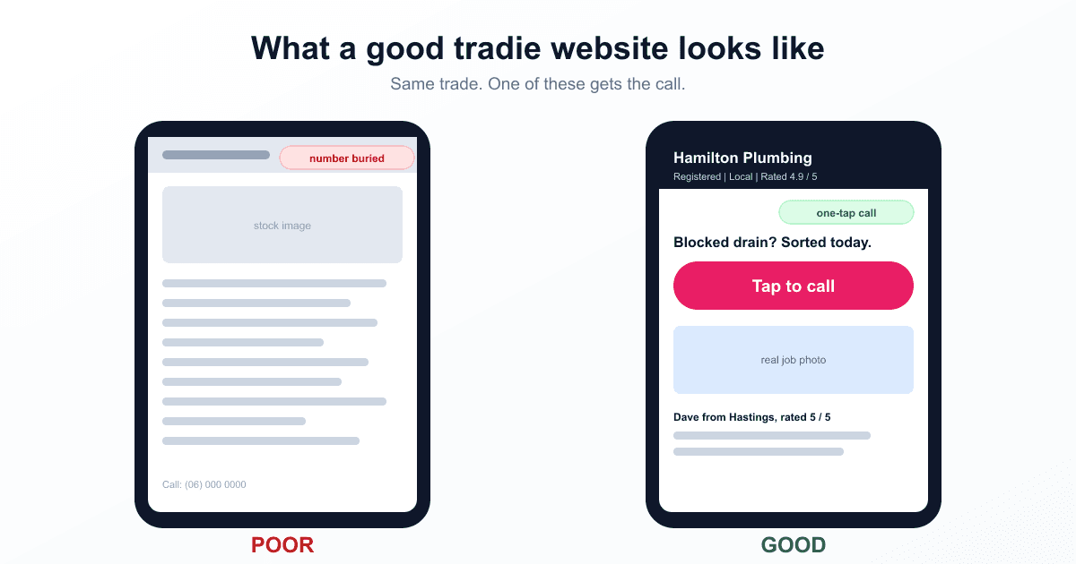 Side by side phone screens showing a cluttered tradie website that buries the phone number next to a clean tradie website with a big tap to call button above the fold.