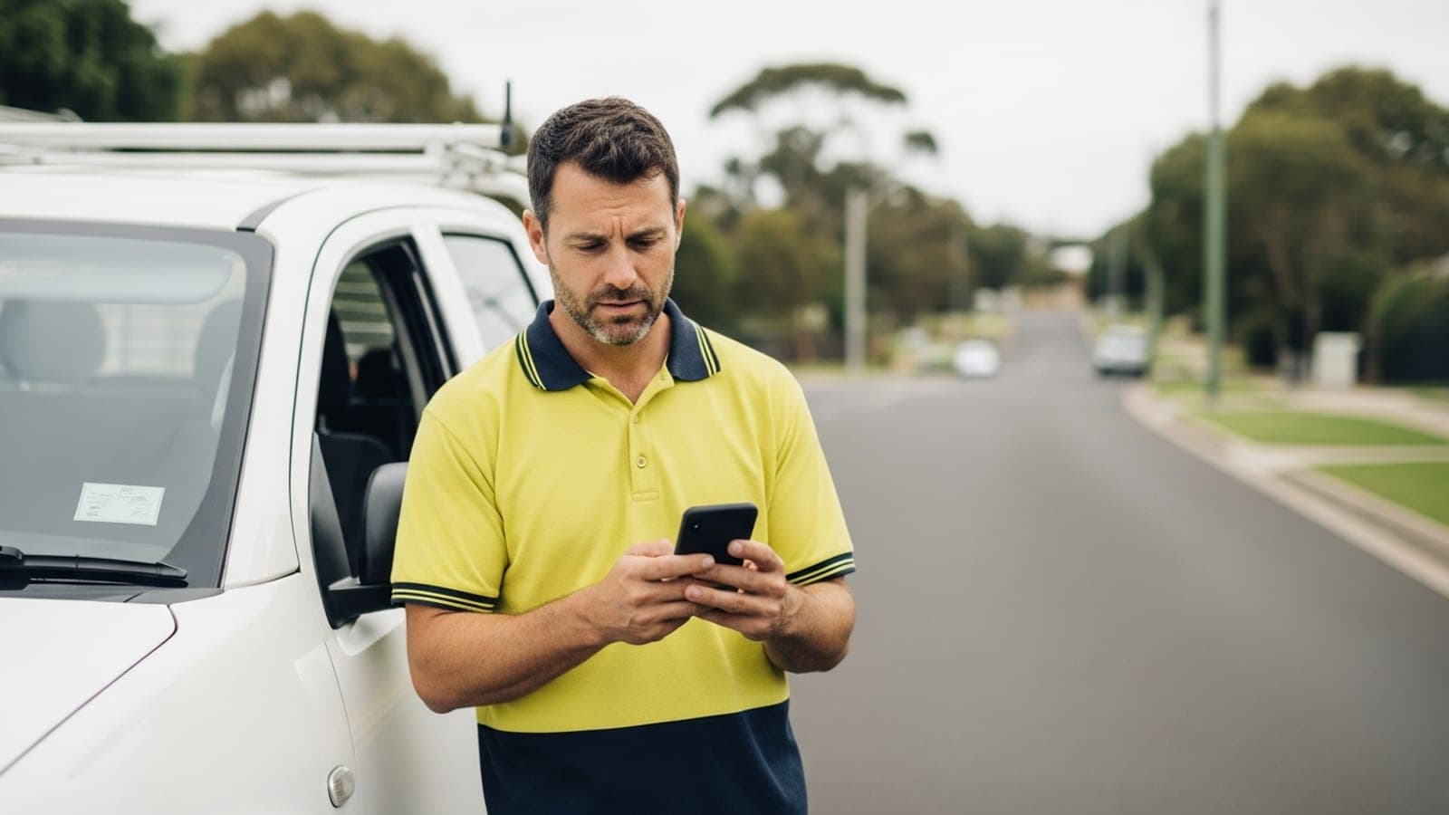 A New Zealand tradesman in a hi-vis polo standing by his work ute on a quiet suburban street, checking his phone as the referral work goes quiet.