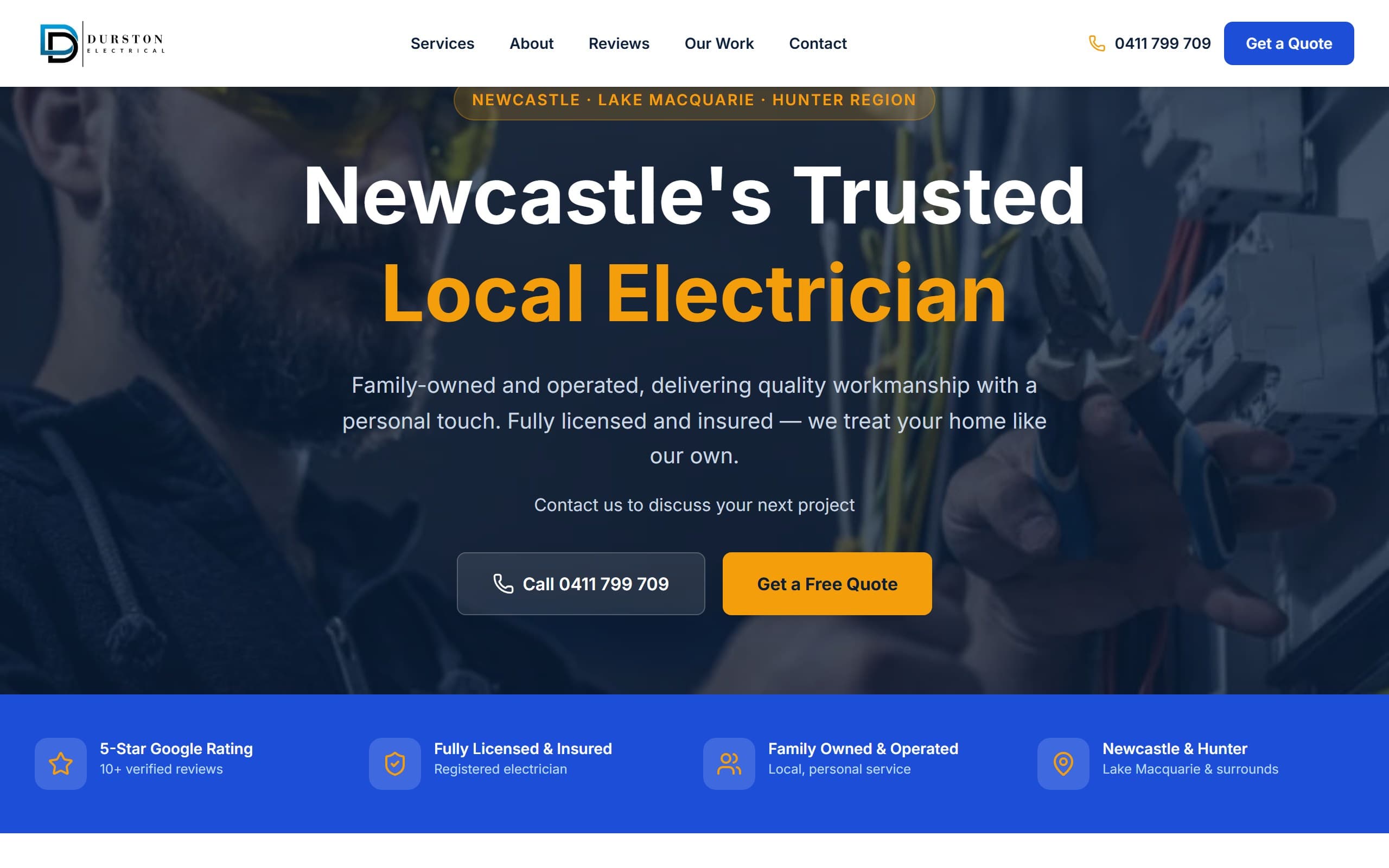 The Durston Electrical website homepage, an electrician's site built by Made 4 Tradies.