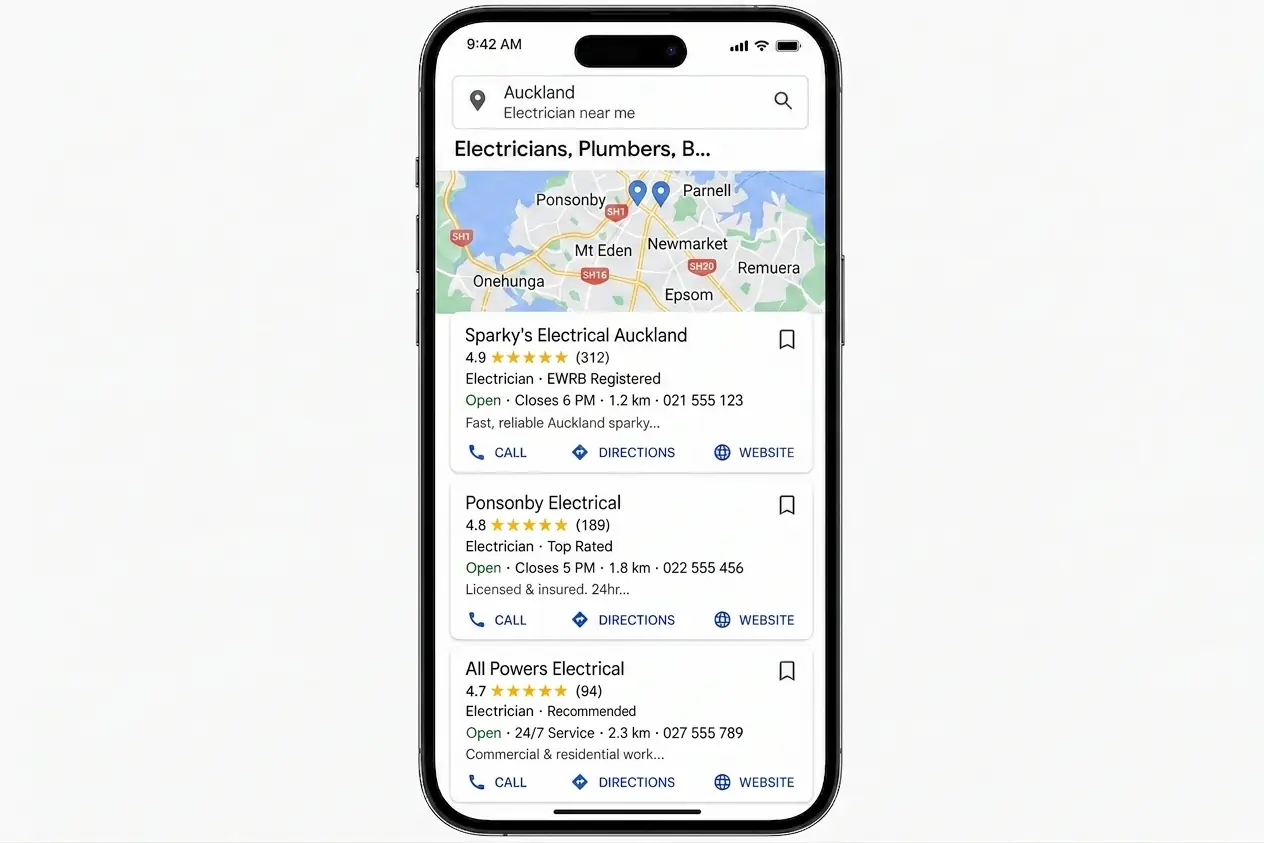 Google Maps local 3-pack showing Auckland electricians, the top three positions every tradie is competing for.