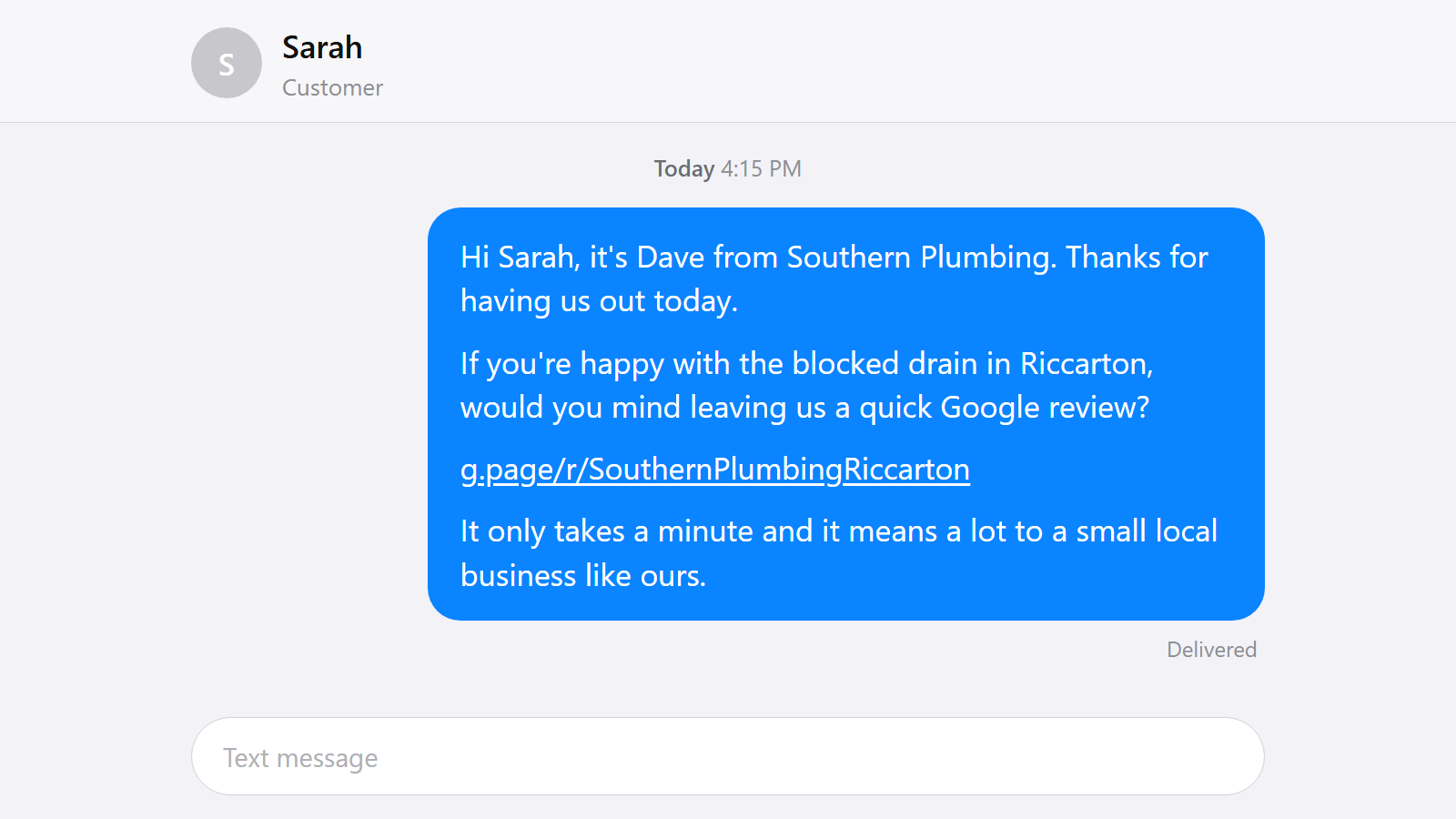 A tradie texting a customer a Google review link a couple of hours after finishing the job