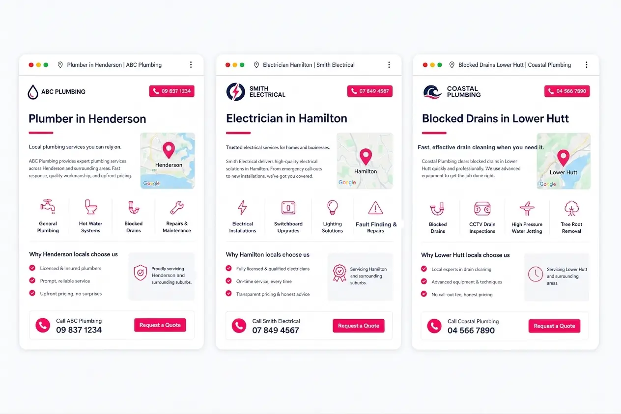 Three suburb landing page mockups for Henderson, Hamilton, and Lower Hutt, the page type tradies use to rank for local searches.